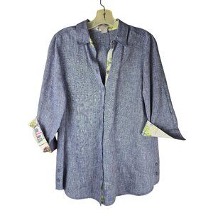 Chicos No-Iron Blue Linen Button-Up Shirt Womens O 4/6 With Patterned Trim Detai